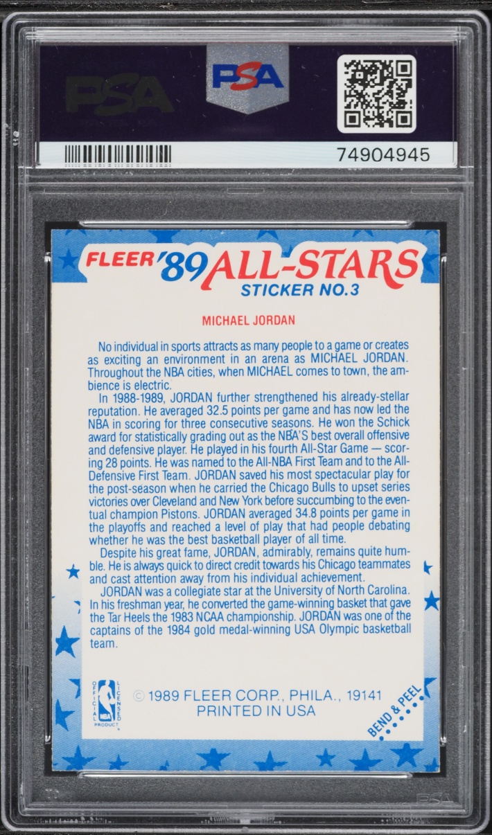 1989 Fleer Sticker Michael Jordan #3 PSA 5 EX