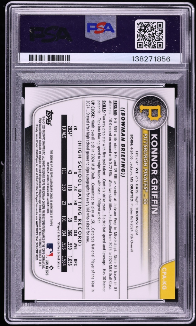 2025 Bowman Chrome Konnor Griffin PROSPECT AUTO #CPA-KG PSA 10 GEM MINT