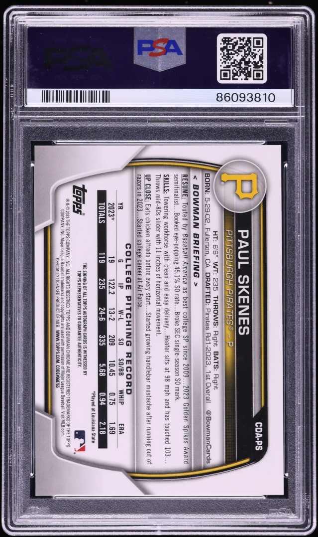 2023 Bowman Chrome Draft Paul Skenes PROSPECT AUTO #CDA-PS PSA 10 GEM MINT