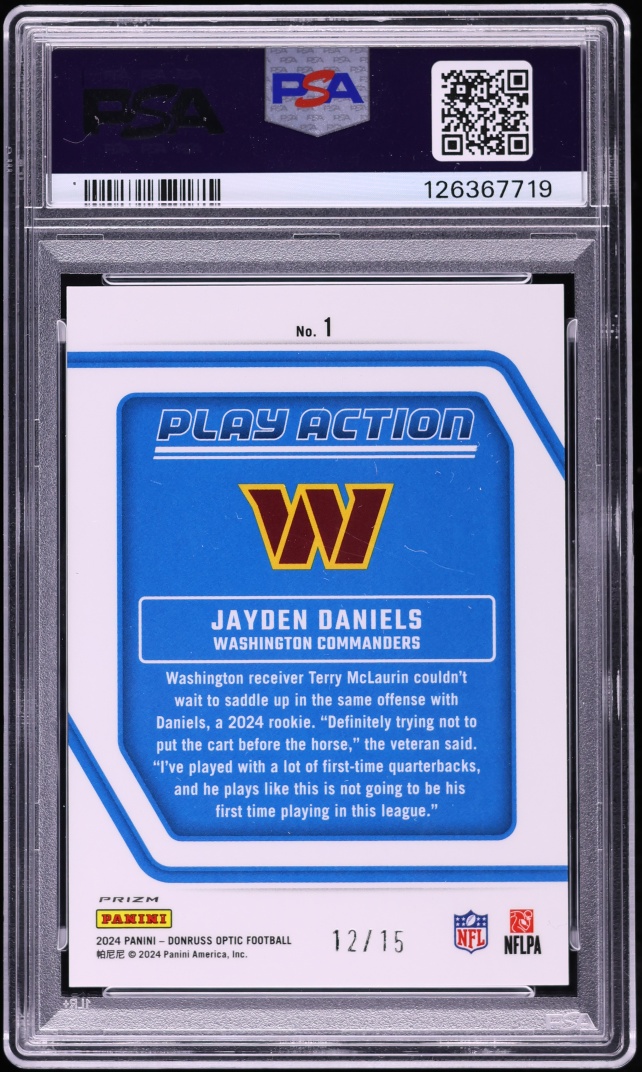 2024 Donruss Optic Play Action Ice Jayden Daniels ROOKIE /15 #1 PSA 9 MINT