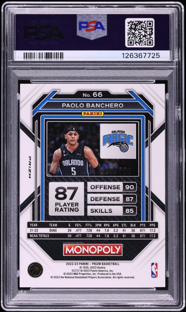 2022 Panini Prizm Monopoly Gold Money Shimmer Paolo Banchero ROOKIE /500 PSA 10 GEM MINT