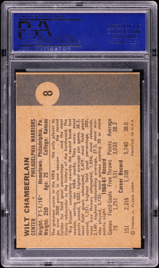 1961 Fleer Basketball Wilt Chamberlain ROOKIE #8 PSA 6 EXMT