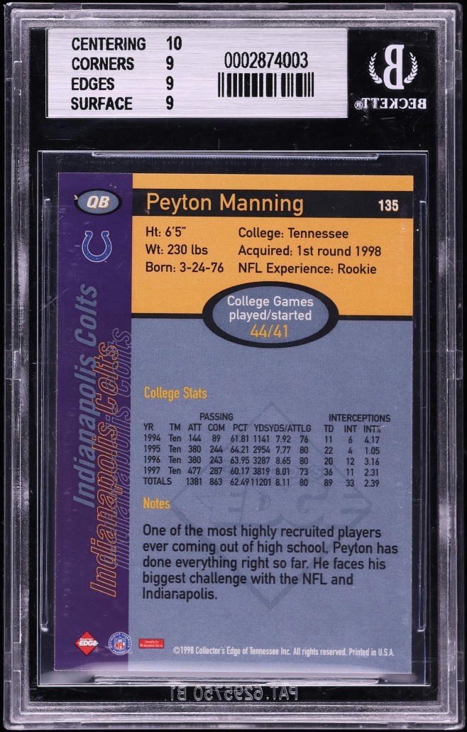 1998 Collector's Edge 1st Place Peyton Manning ROOKIE #135 BGS 9 MINT