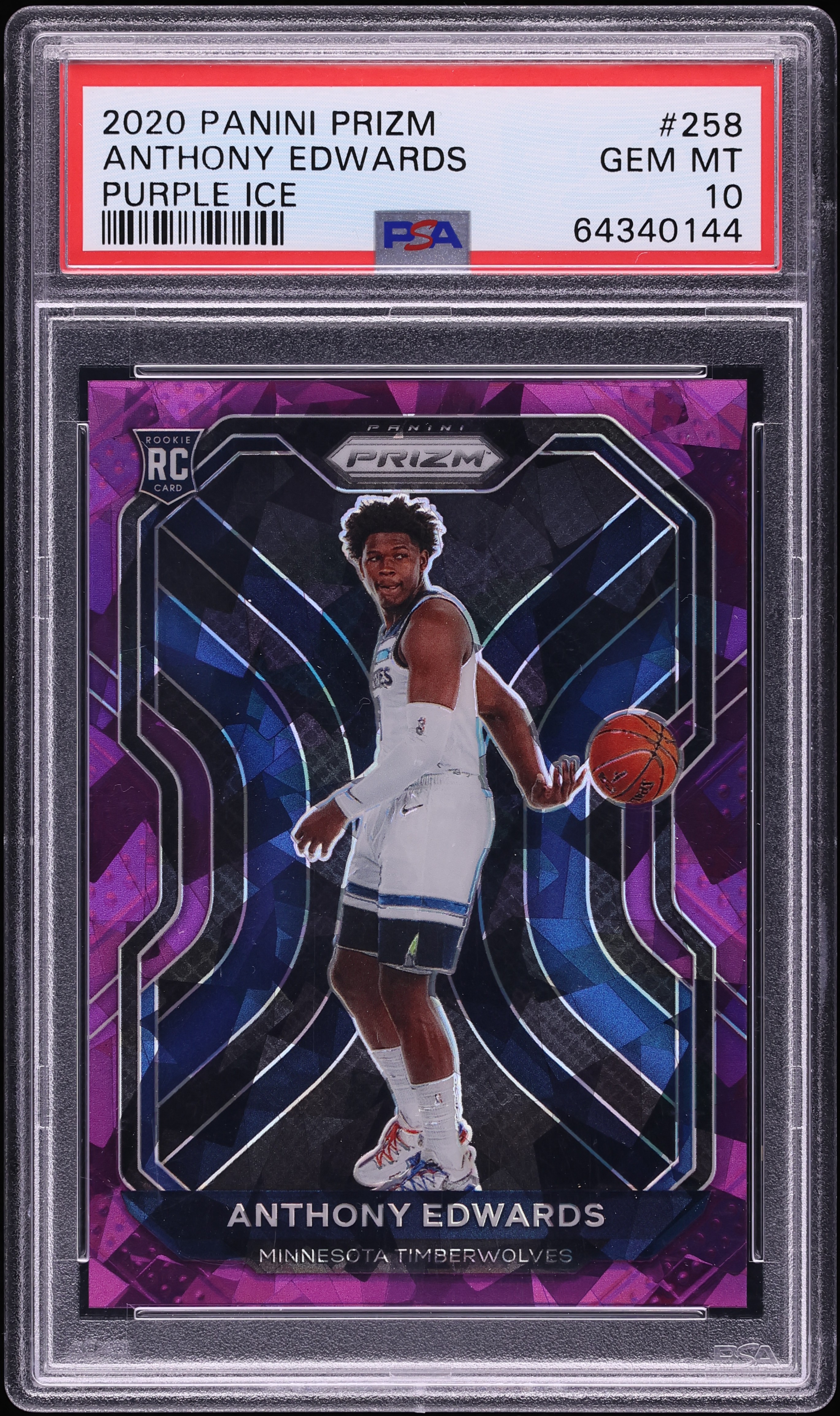 2020 Panini Prizm Purple Ice Anthony Edwards ROOKIE /175 #258 PSA 