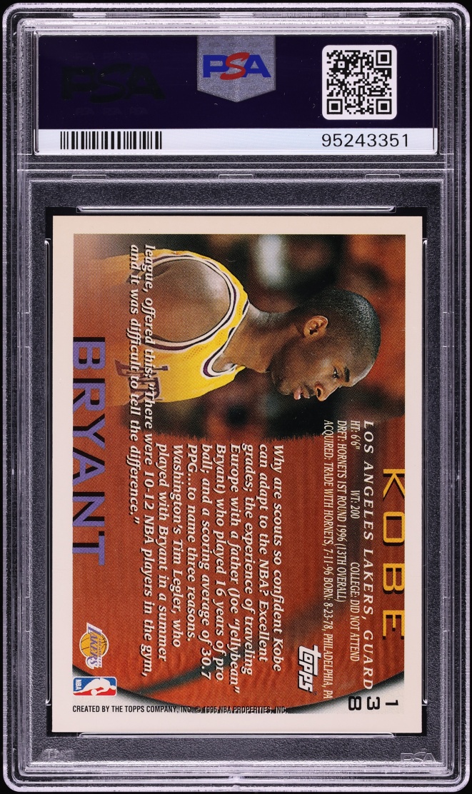 1996 Topps Basketball Kobe Bryant ROOKIE #138 PSA 9 MINT