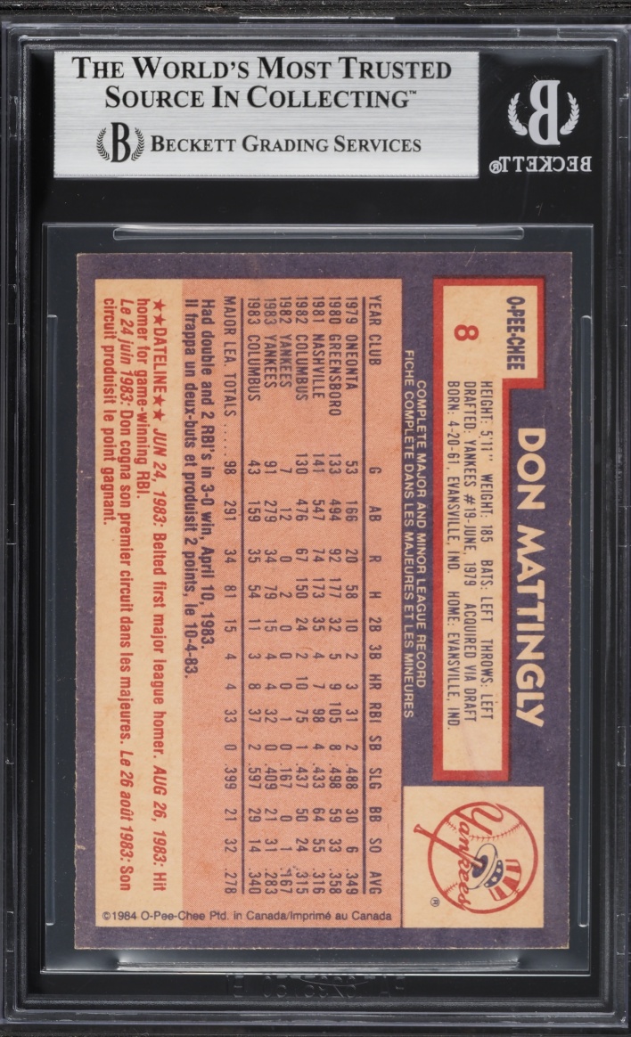 1984 O-Pee-Chee Don Mattingly ROOKIE #8 BGS 8 NM-MT