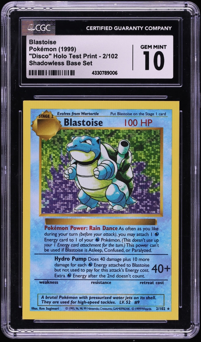 1999 Pokemon Base Set Shadowless Disco Holo Test Print Square Cut Blastoise #2 CGC 10 GEM MINT