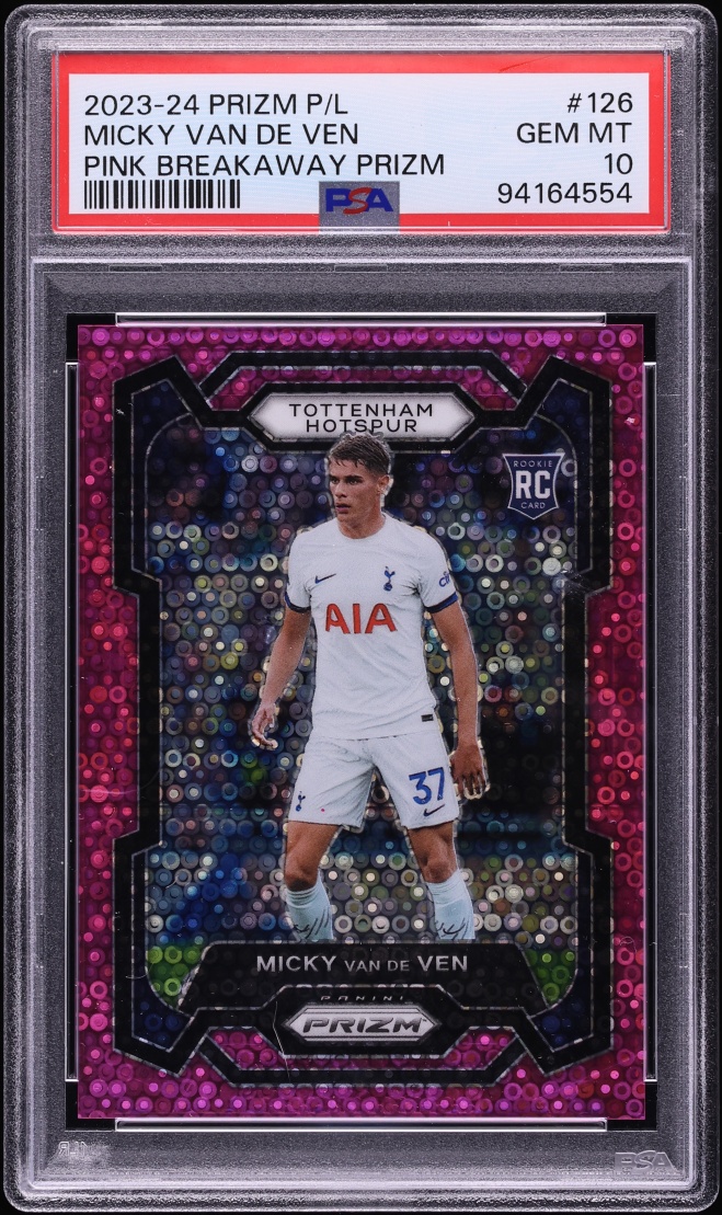 2023 Panini Prizm Premier League Pink Breakaway Micky Van De Ven ROOKIE /149 #126 PSA 10 GEM