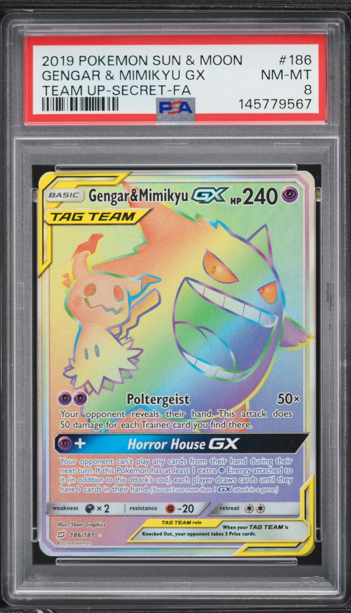 2019 Pokemon Sun & Moon Team Up Rainbow Rare Gengar & Mimikyu GX #186 PSA 8 NM-MT