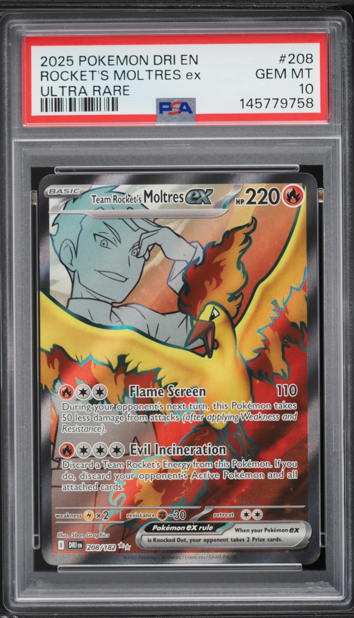 2025 Pokemon Scarlet & Violet Destined Rivals Full Art Team Rocket's Moltres ex #208 PSA 10 GEM