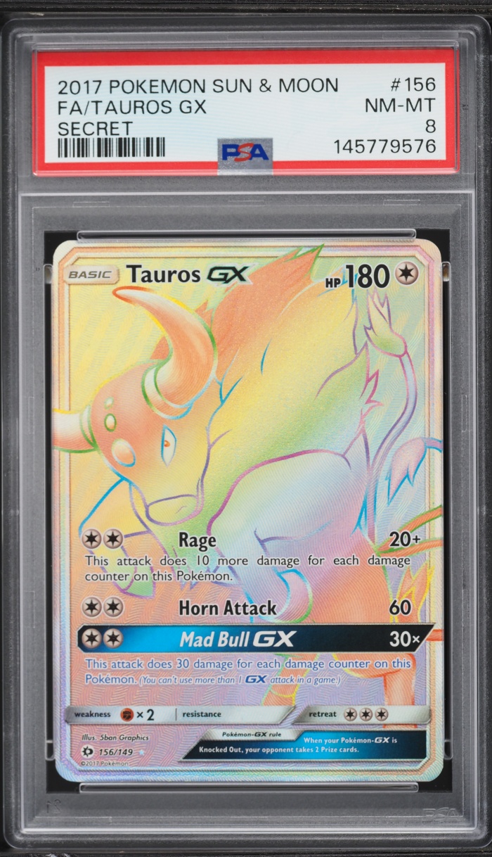 2017 Pokemon Sun & Moon Rainbow Rare Tauros GX #156 PSA 8 NM-MT