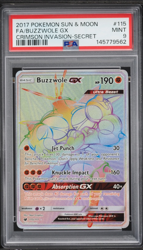 2017 Pokemon Sun & Moon Crimson Invasion Rainbow Rare Buzzwole GX #115 PSA 9 MINT