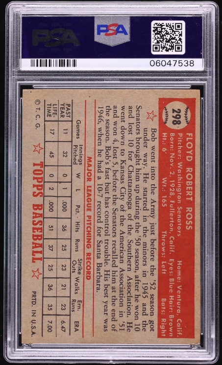 1952 Topps Bob Ross #298 PSA 8 NM-MT