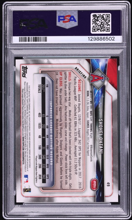 2018 Bowman Shohei Ohtani ROOKIE #49 PSA 10 GEM MINT