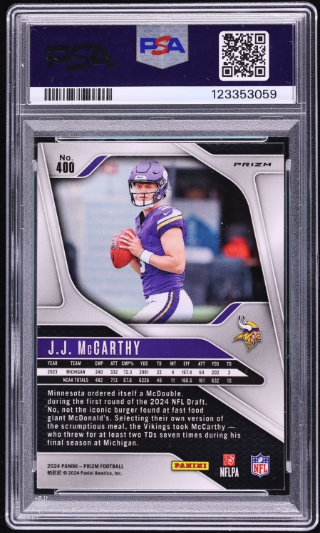 2024 Panini Prizm Silver J.J. McCarthy ROOKIE #400 PSA 10 GEM MINT