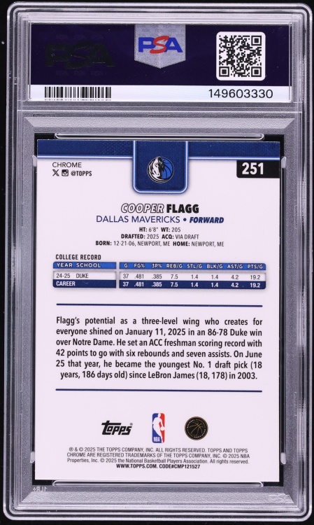 2025 Topps Chrome Raywave Cooper Flagg ROOKIE #251 PSA 9 MINT