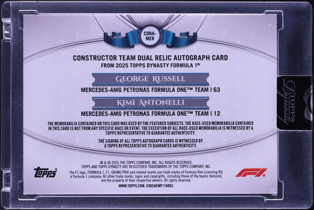 2025 Topps Dynasty Formula 1 F1 Dual George Russell & Kimi Antonelli PATCH AUTO /10 #CDRA-MER