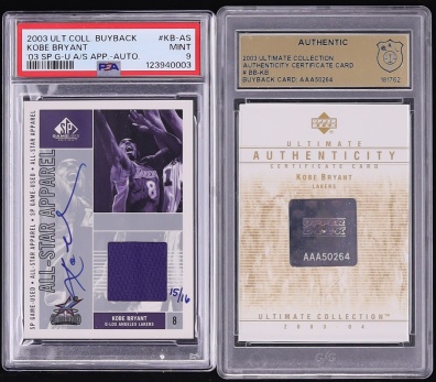 2003 Ultimate Collection Buyback '03 SP Game Used Kobe Bryant PATCH AUTO /16 #KB-AS PSA 9 MINT