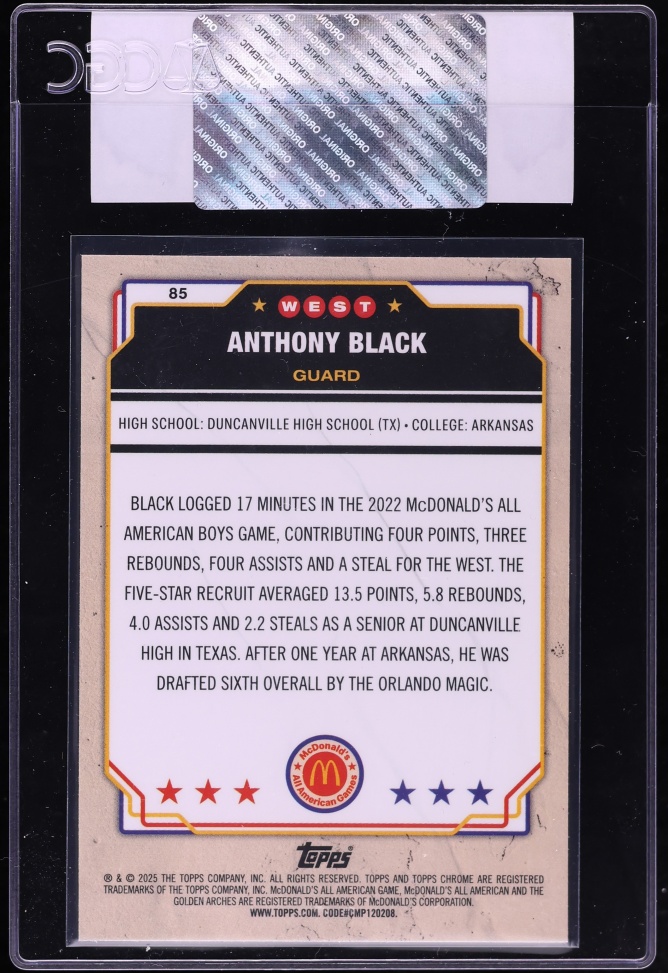 2025 Topps Chrome McDonald's All American Anthony Black #85 CGC AUTH