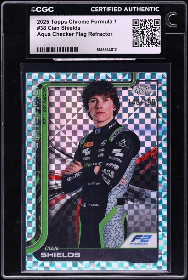 2025 Topps Chrome Formula 1 F1 Aqua Checker Flag Refractor Cian Shields /199 #38 CGC AUTH