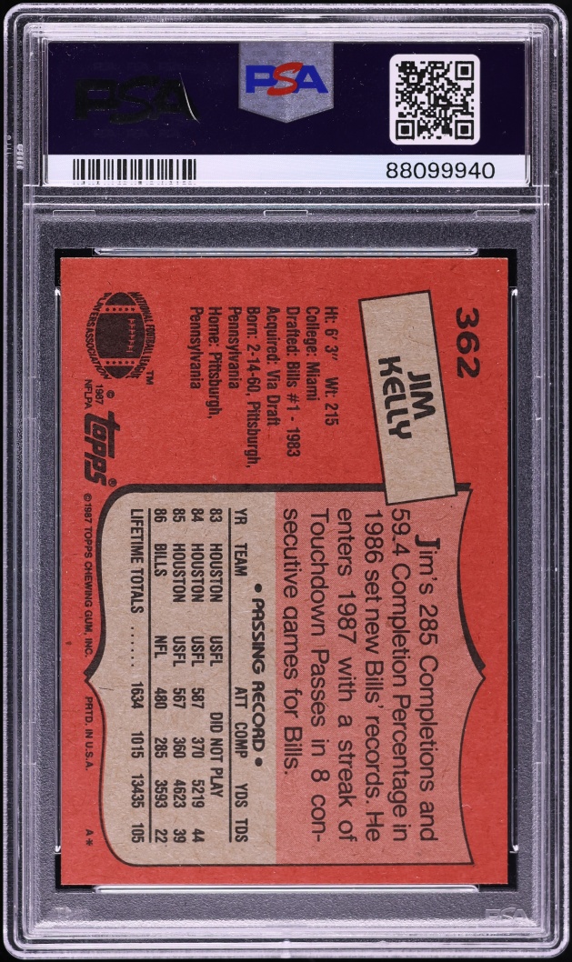 1987 Topps Football Jim Kelly ROOKIE #362 PSA 10 GEM MINT