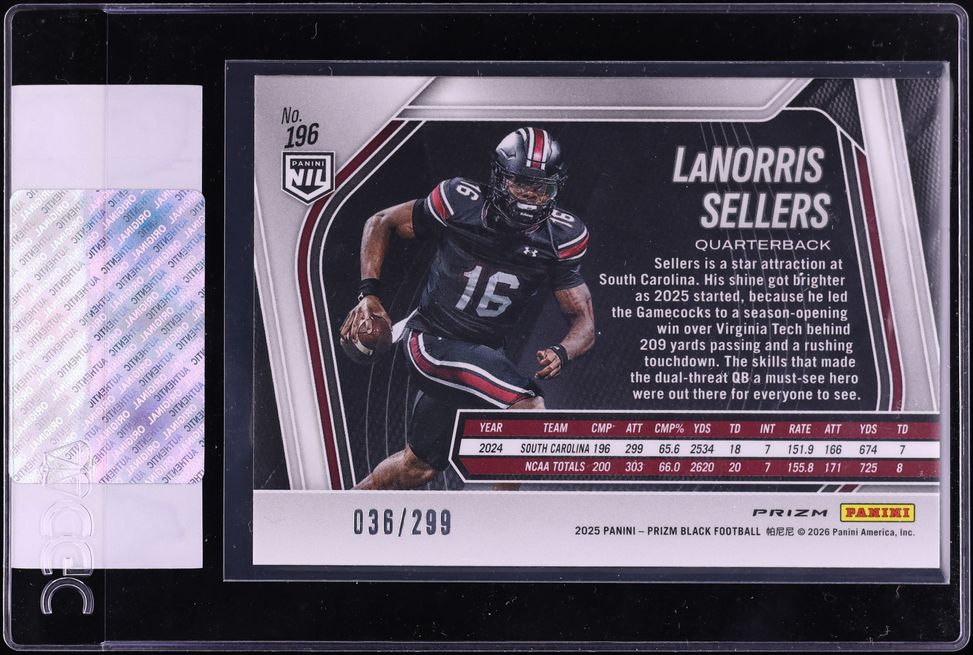 2025 Panini Prizm Black Red LaNorris Sellers ROOKIE /299 #196 CGC AUTH