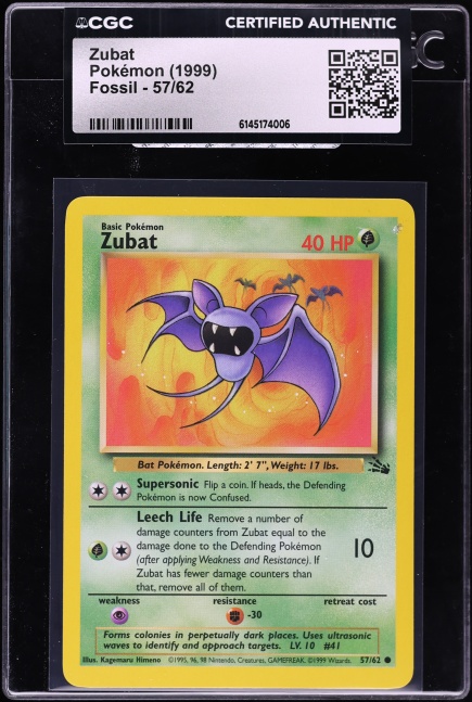 1995 zubat pokemon card value Vintage 1999 90s Nintendo Pokemon Zubat 57/62 Fossil Trading Game Card Get Graded Mint 9 Rare