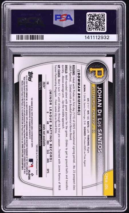 2025 Bowman Chrome Sapphire Edition Green Johan De Los Santos PROSPECT AUTO /99 #JDL PSA 9 MINT