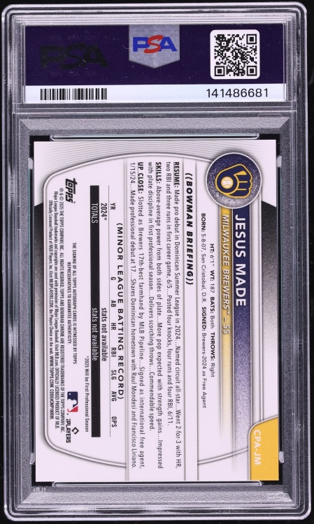 2025 Bowman Chrome HTA Choice Refractor Jesus Made PROSPECT AUTO /150 #CPA-JM PSA 9 MINT