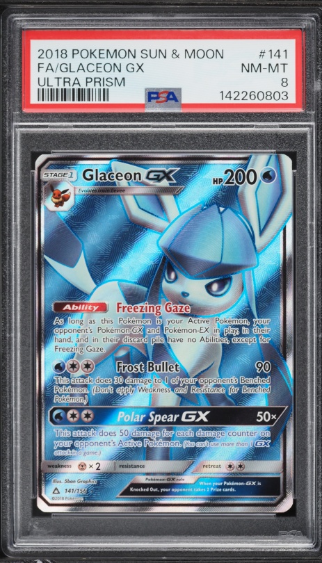 2018 Pokemon Sun & Moon Ultra Prism Full Art Glaceon GX #141 PSA 8 NM-MT