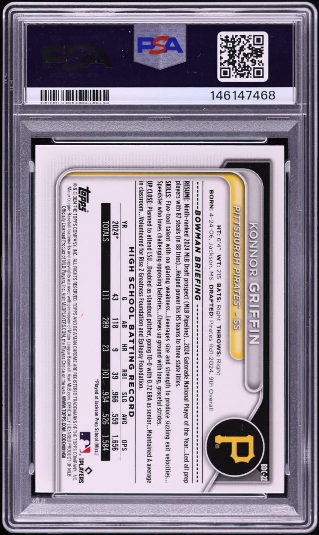 2024 Bowman Chrome Draft Konnor Griffin PROSPECT #BDC-22 PSA 10 GEM MINT