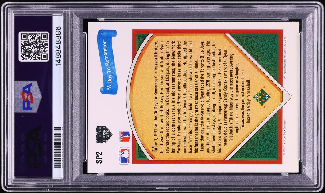1991 Upper Deck A Day To Remember Nolan Ryan Ricky Henderson #SP2 PSA 8 NM-MT