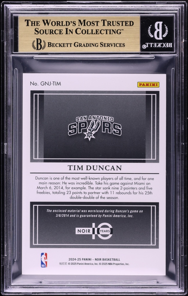 2024 Panini Noir Game Night Jerseys Tim Duncan PATCH /99 #GNJ-TIM BGS 9.5 GEM MINT