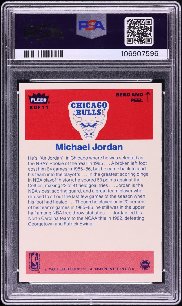 1986 Fleer Sticker Michael Jordan ROOKIE #8 PSA 8(st) NM-MT