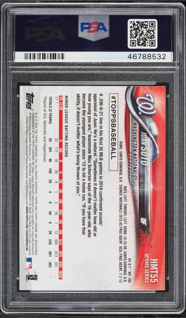 2018 Topps Chrome Update Juan Soto ROOKIE #HMT55 PSA 10 GEM MINT