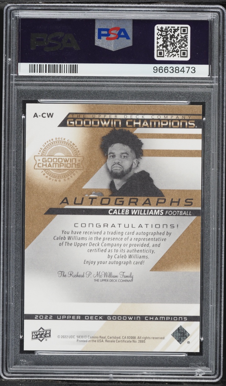 2022 Upper Deck Goodwin Champions Inscriptions Caleb Williams ROOKIE AUTO /50 #A-CW PSA 10 GEM