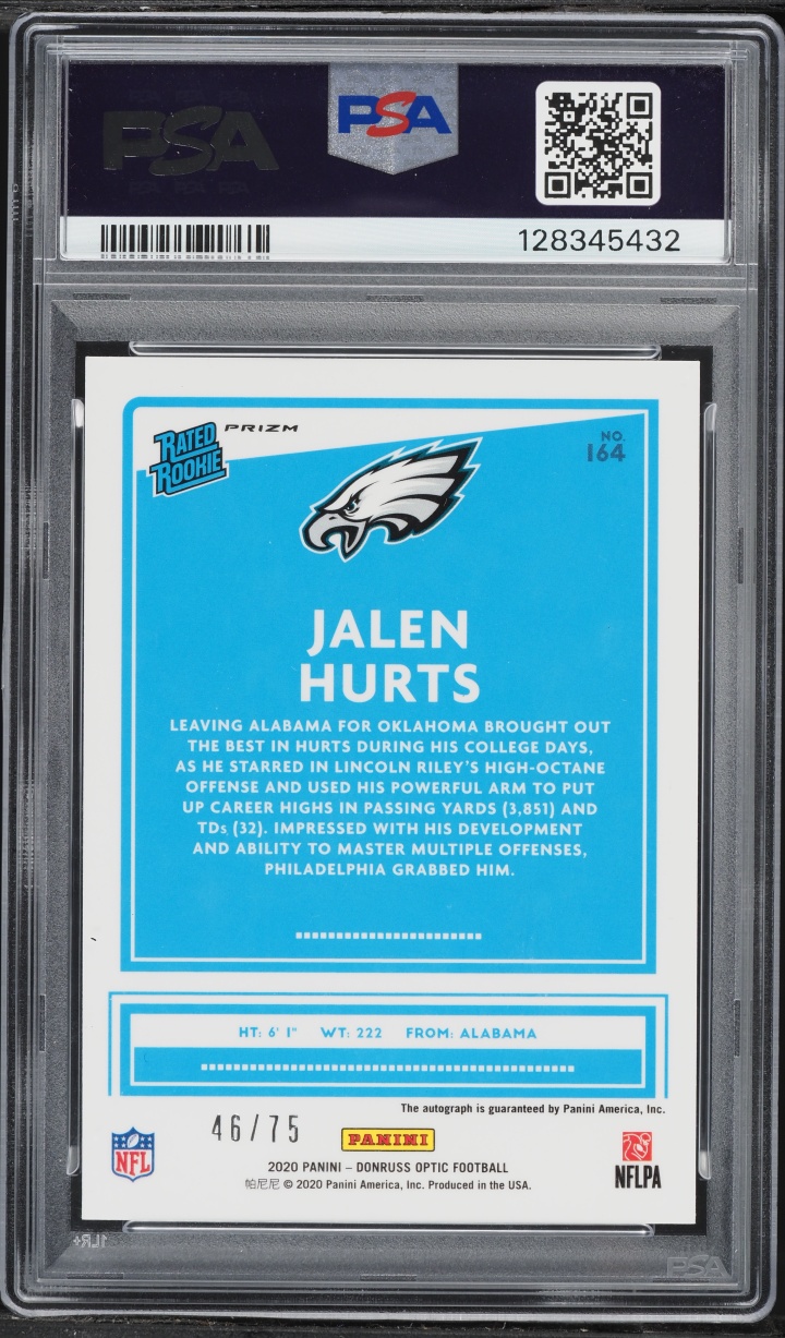 2020 Donruss Optic Blue Jalen Hurts ROOKIE AUTO /75 #164 PSA 9 MINT