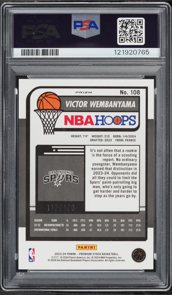 2023 Hoops Premium Stock Blue Prizm Victor Wembanyama ROOKIE /120 #108 PSA 10 GEM MINT