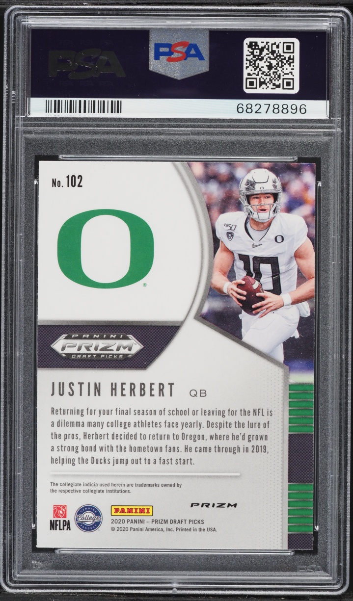 2020 Panini Prizm Draft Picks Silver Justin Herbert ROOKIE #102 PSA 10 GEM MINT