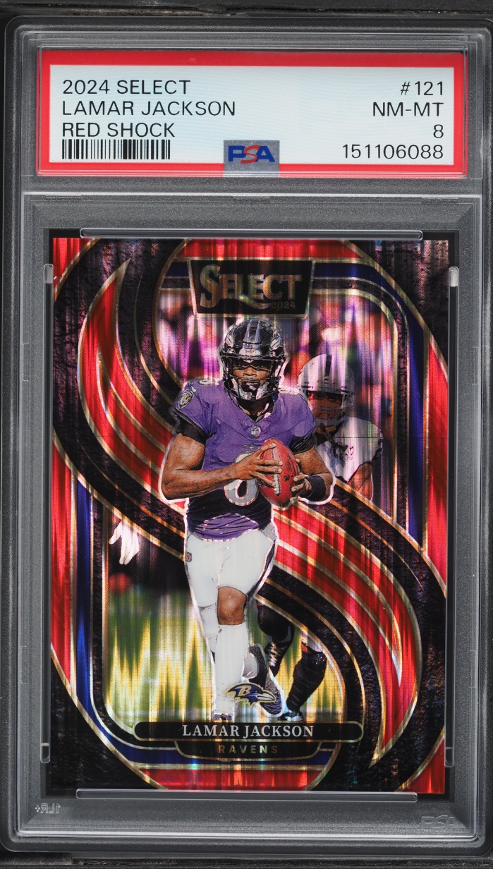 2024 Select Premier Level Red Shock Lamar Jackson /249 #121 PSA 8 NM-MT