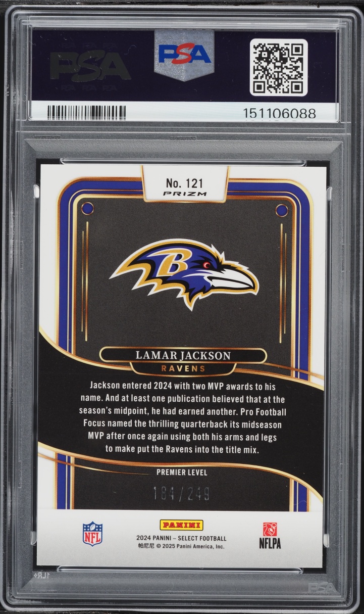 2024 Select Premier Level Red Shock Lamar Jackson /249 #121 PSA 8 NM-MT