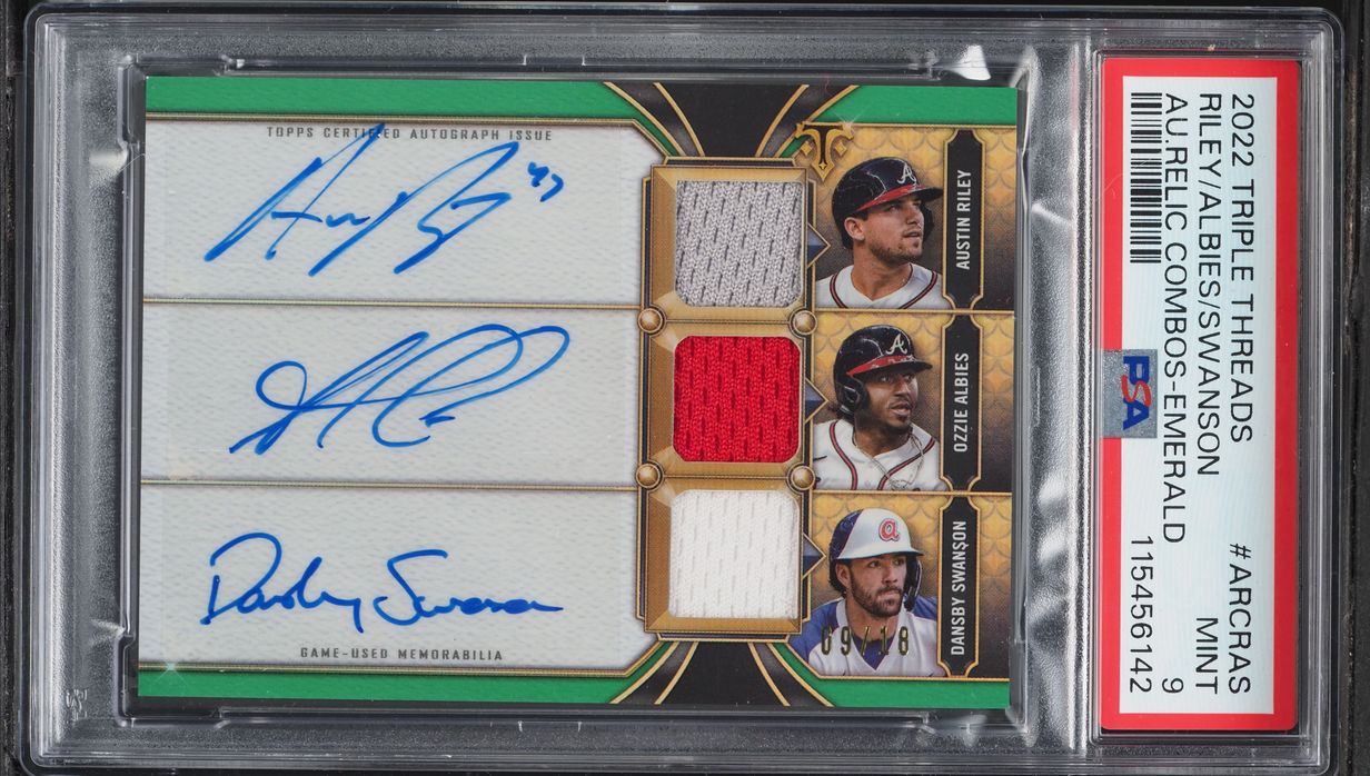 2022 Topps Triple Threads Combos Emerald Riley Albies Swanson PATCH AUTO /18 #ARCRAS PSA 9 MINT
