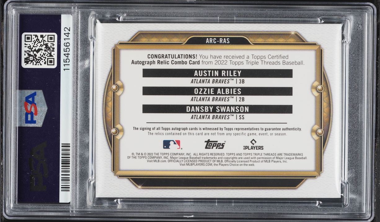 2022 Topps Triple Threads Combos Emerald Riley Albies Swanson PATCH AUTO /18 #ARCRAS PSA 9 MINT