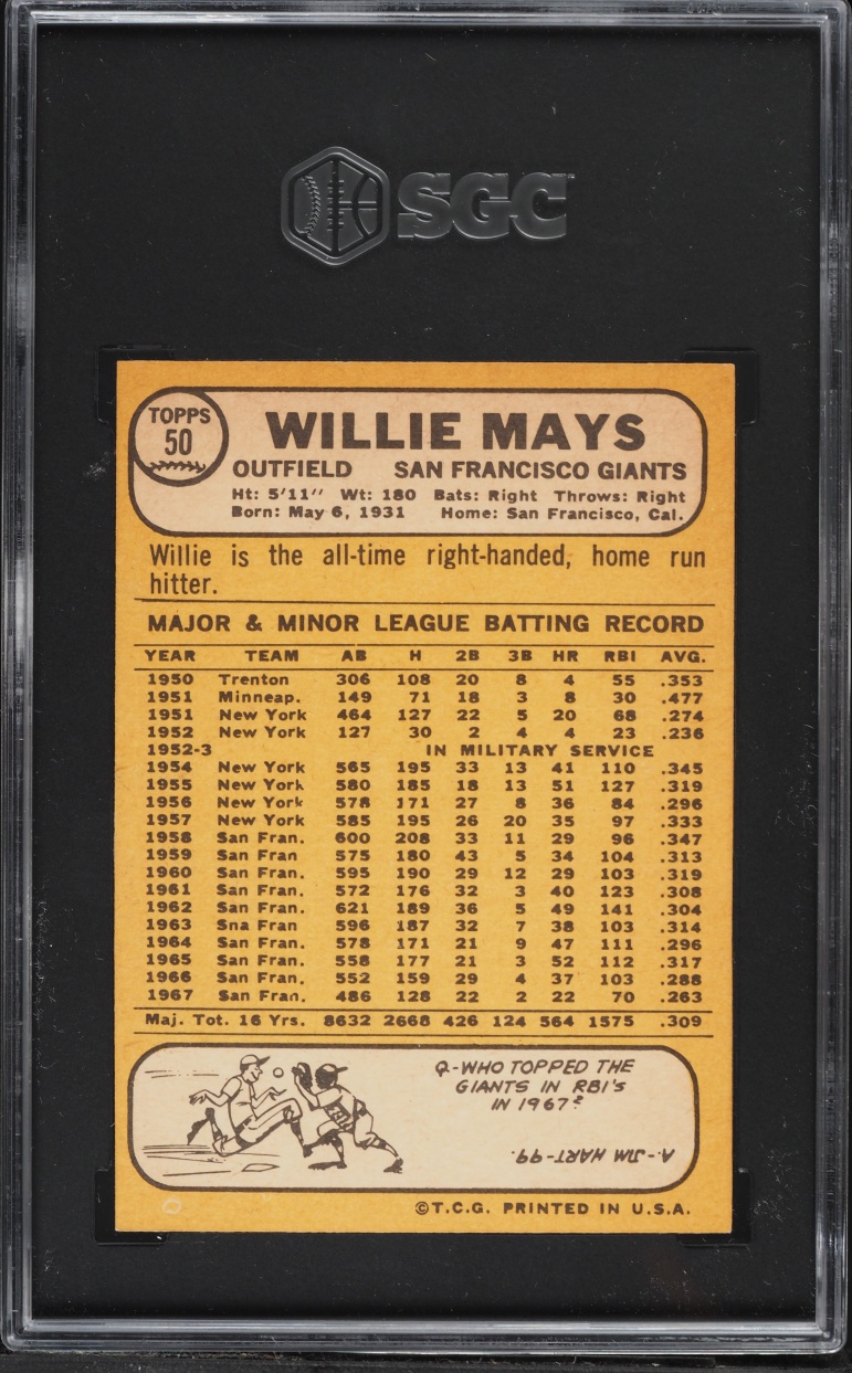 1968 Topps Willie Mays #50 SGC 6 EXMT