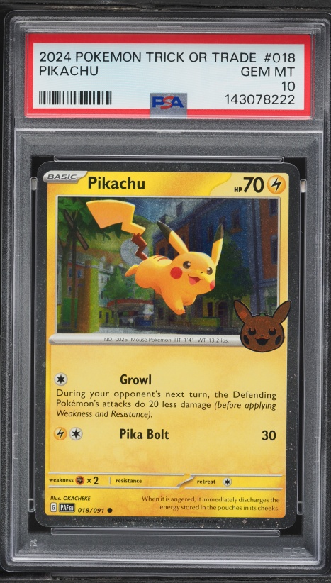 2024 Pokemon Scarlet & Violet Paldean Fates Trick Or Trade Holo Pikachu #18 PSA 10 GEM MINT