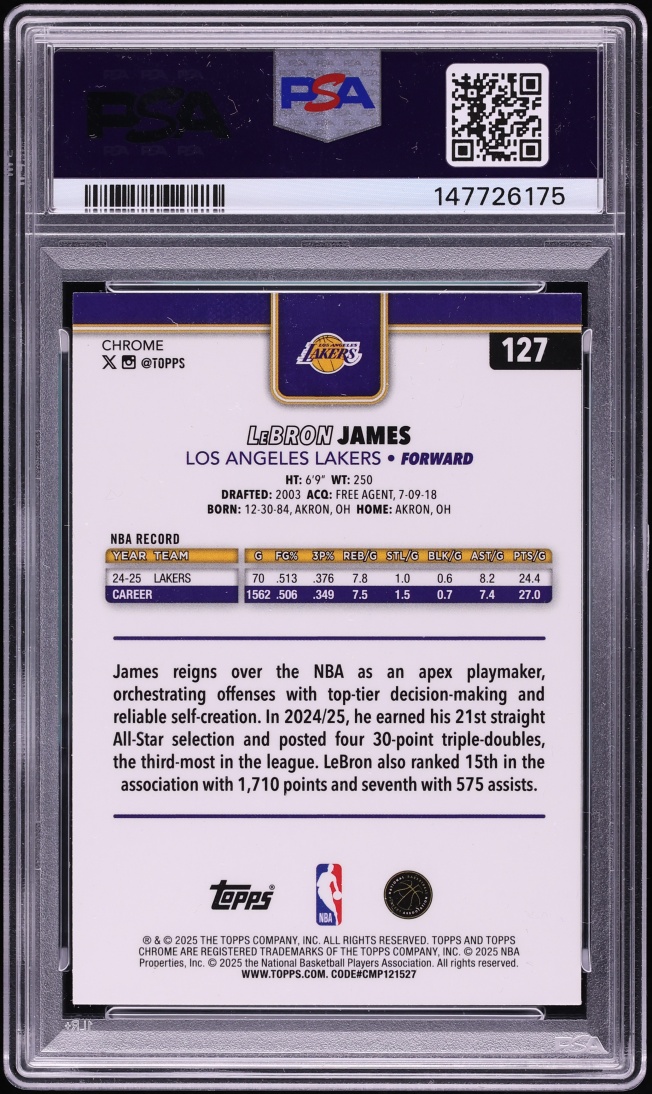 2025 Topps Chrome Yellow Basketball Refractor LeBron James /275 #127 PSA 10 GEM MINT