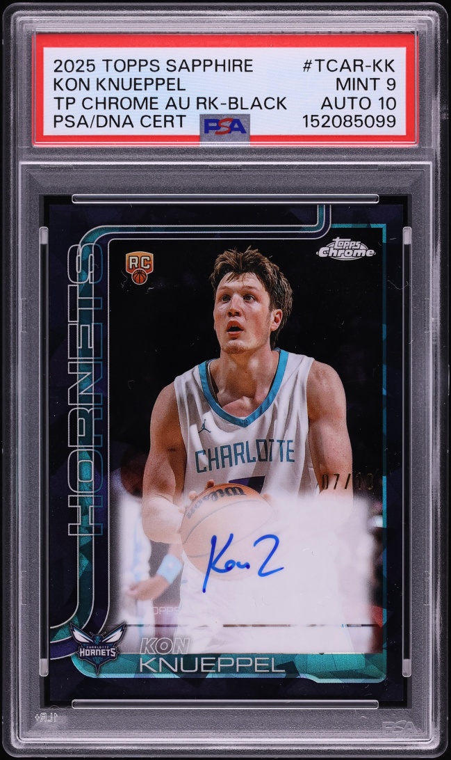 2025 Topps Chrome Sapphire Edition Black Kon Knueppel ROOKIE AUTO DNA 10 JERSEY # 7/10 PSA 9