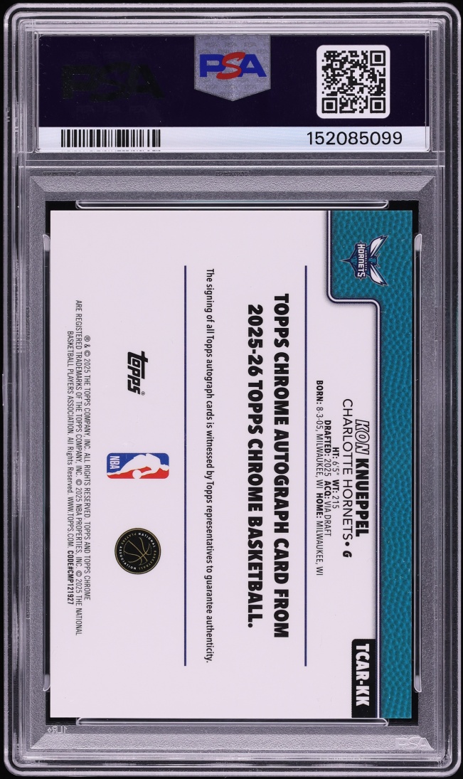 2025 Topps Chrome Sapphire Edition Black Kon Knueppel ROOKIE AUTO DNA 10 JERSEY # 7/10 PSA 9
