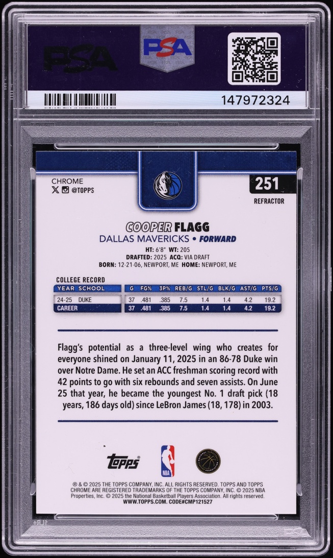 2025 Topps Chrome Refractor Cooper Flagg ROOKIE #251 PSA 8 NM-MT
