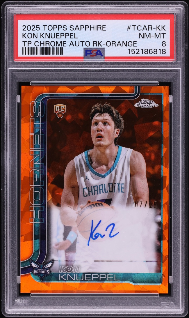 2025 Topps Chrome Sapphire Edition Orange Kon Knueppel ROOKIE AUTO JSY # 7/25 #TCAR-KK PSA 8